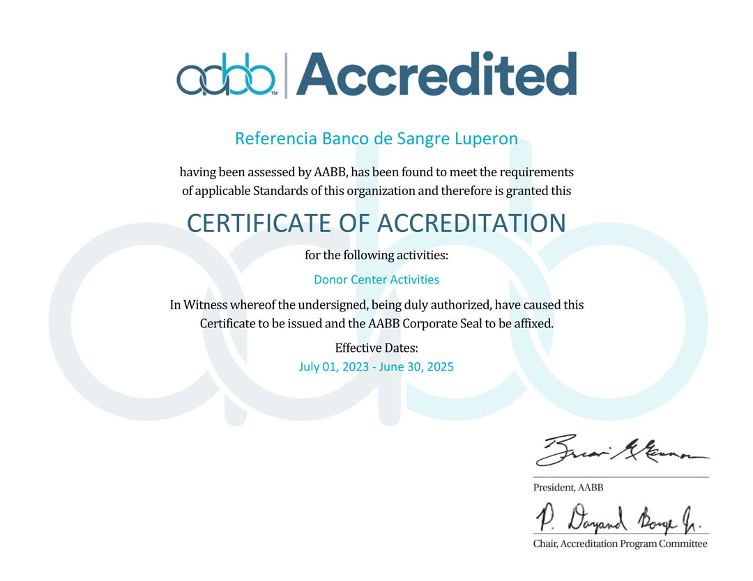 AABB Certificate Centro de Donación